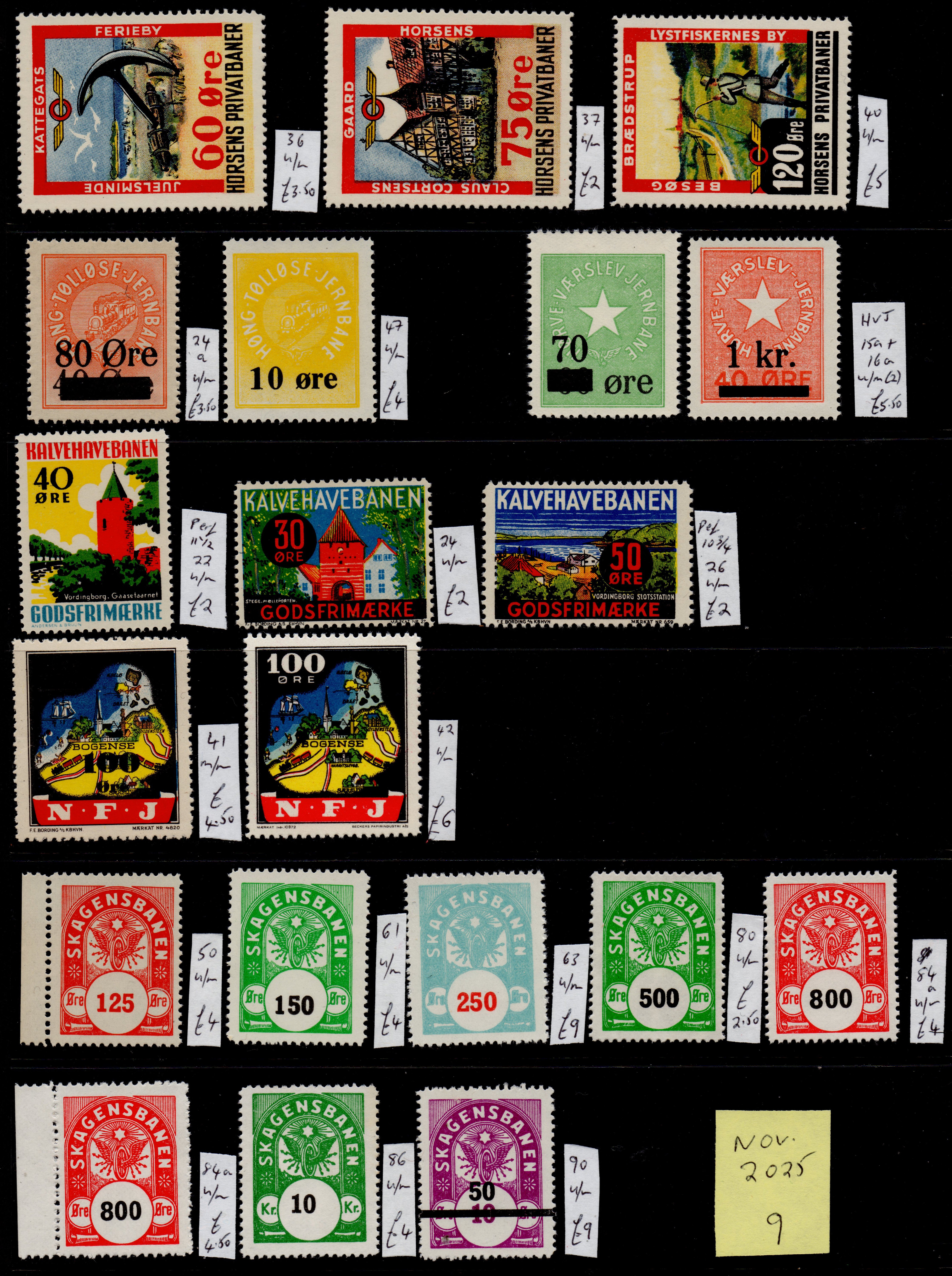 Denmark Danish Railway Parcel Stamps - Horsens Privatbaner; Hong-Tollose Jernbane; Horve-Vaerlev Jernbane; Kalvehavebanen; NFJ; Skagensbanen